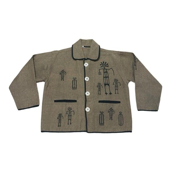 Venus Imports shacket top hieroglyphics large white buttons Nepal brown black - Picture 2 of 16